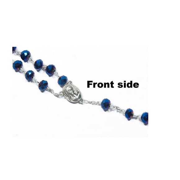 Deep Blue Metallic Crystal Rosary Necklace Jesus Cross Religious Jewelry NWOT - Picture 4 of 8